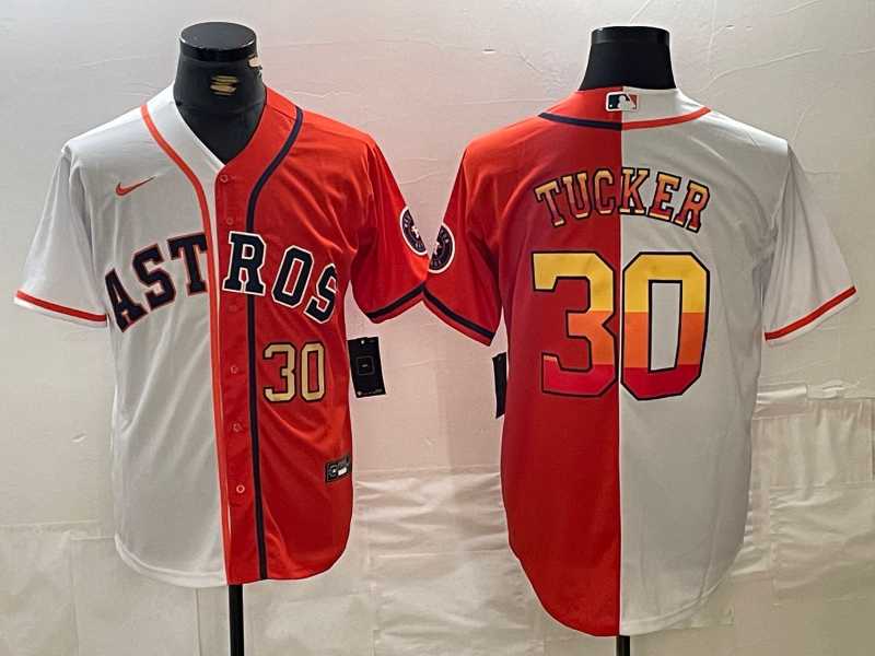 Mens Houston Astros #30 Kyle Tucker White Orange Split Stitched Baseball Jerseys Dzhi